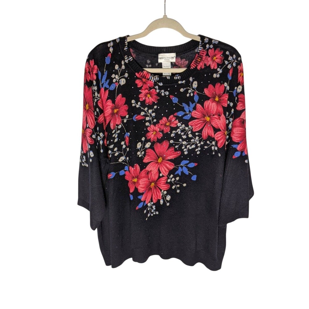 Vintage Floral Sweater Women's Plus 3X Black Red Embellished Holiday Sparkle